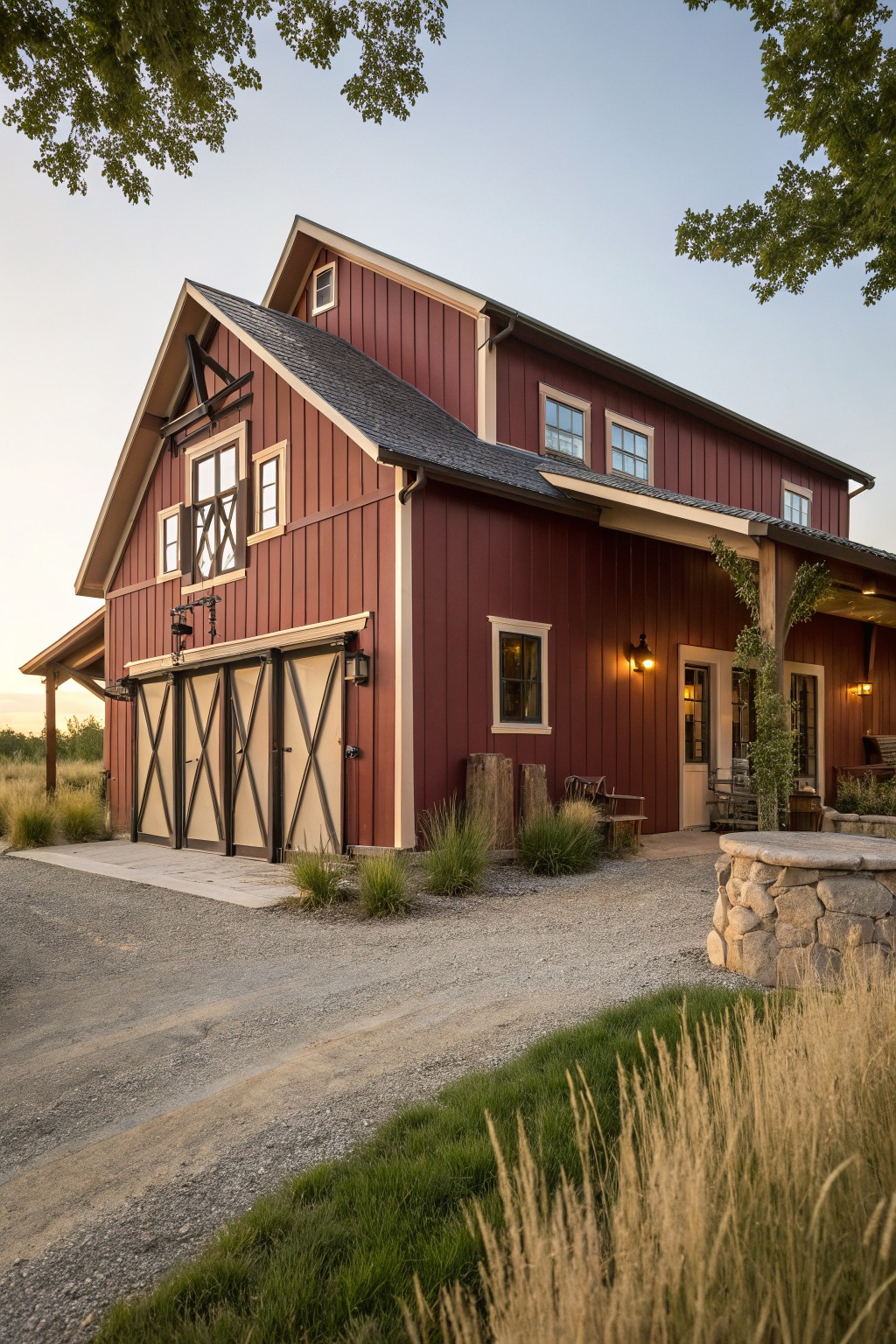 Red barn with white trim, large doors, gravel drive, and stone accents at dusk