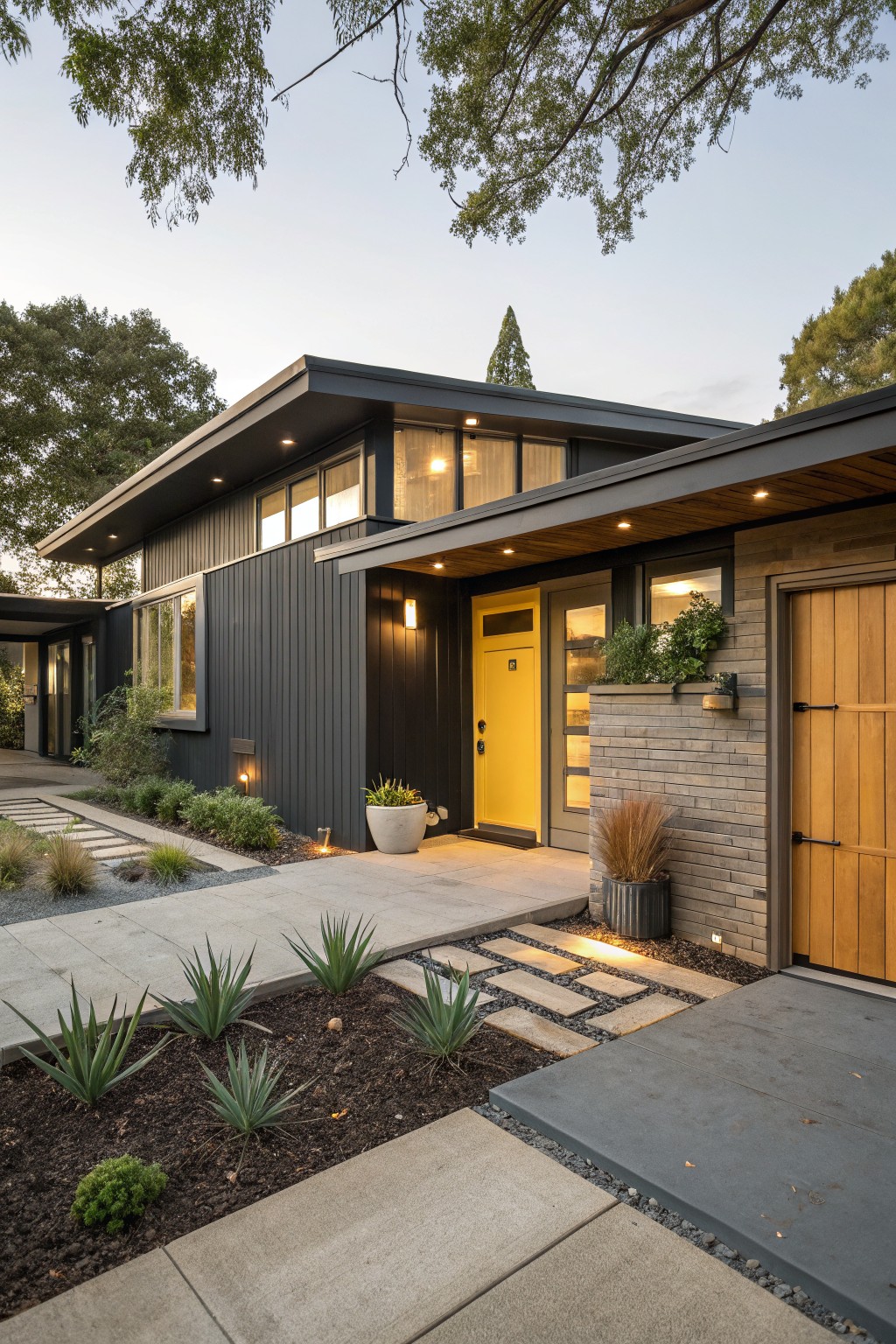 Modern home with bright yellow door, dark siding, wooden garage, and landscaped garden.