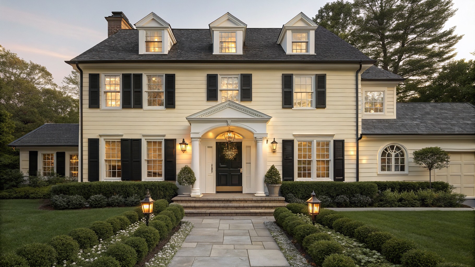 A pale yellow house exterior with dark shutters and stone paving.