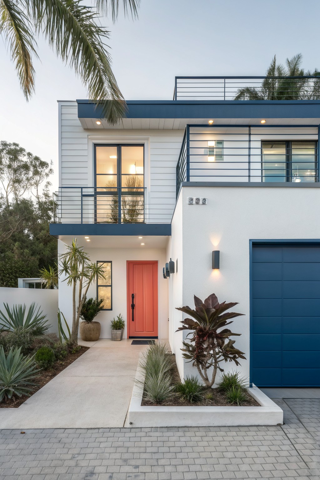 Modern house exterior with white siding and a deep navy blue garage door plus matching trim.
