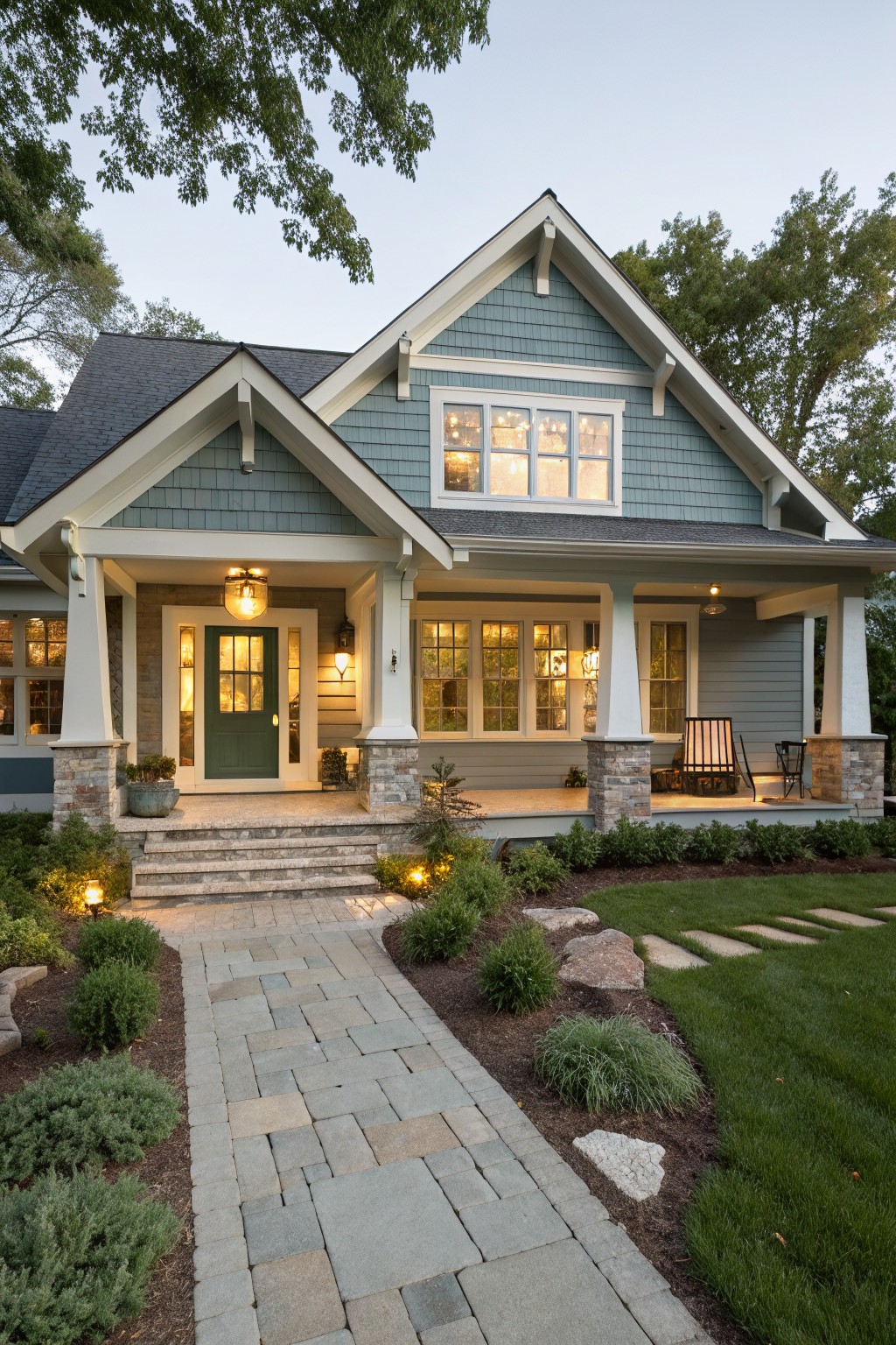 A house exterior with soft blue gray siding and white trim.