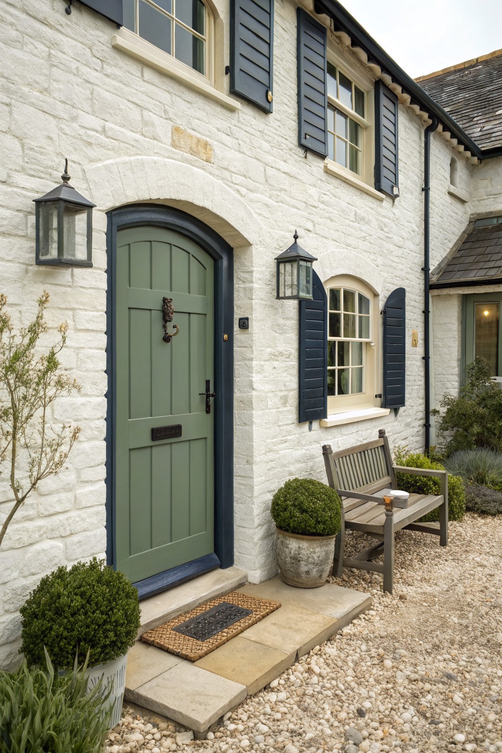 A muted green front door set in a white stone exterior wall.