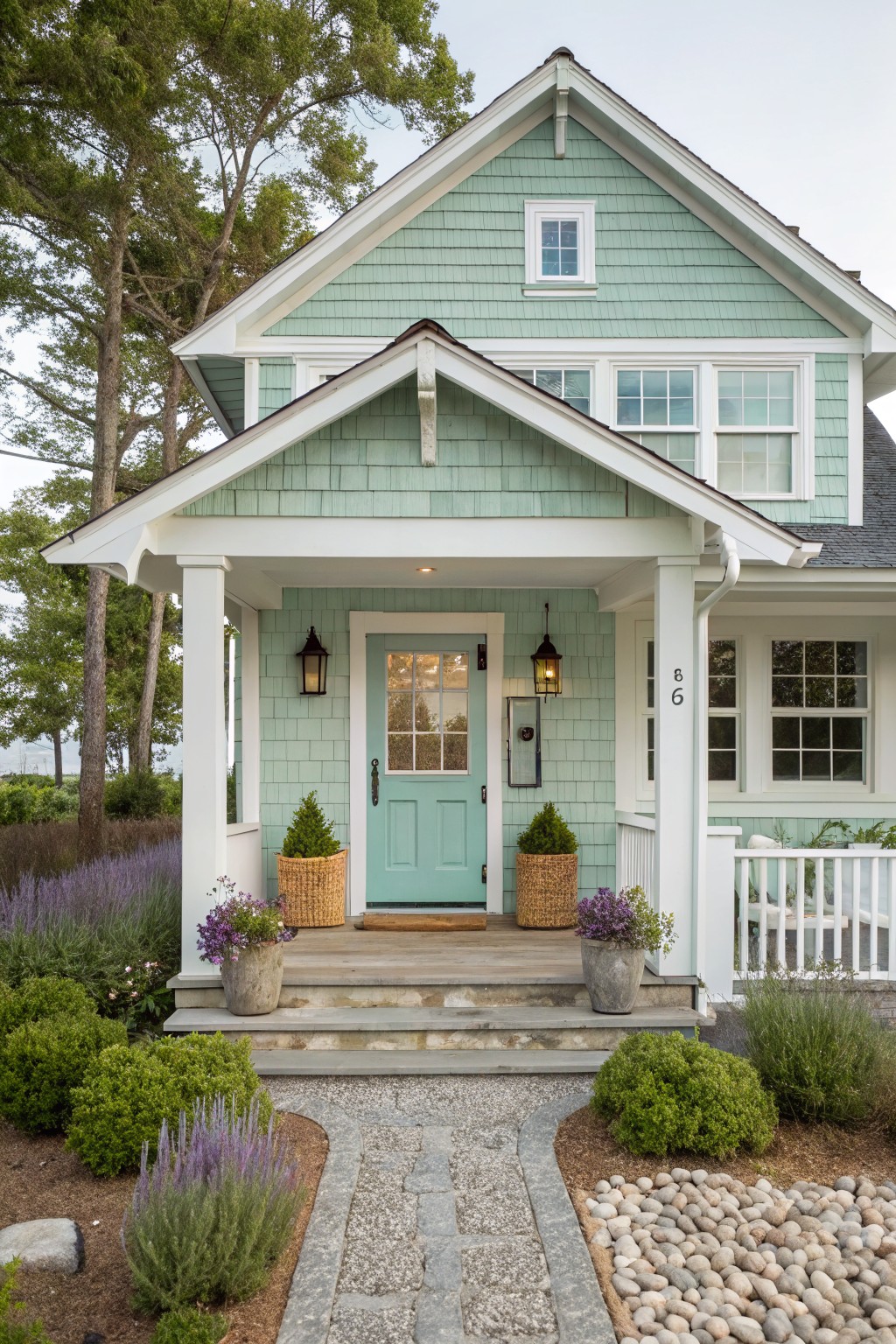 A house exterior with soft sage green siding and white trim on the porch.