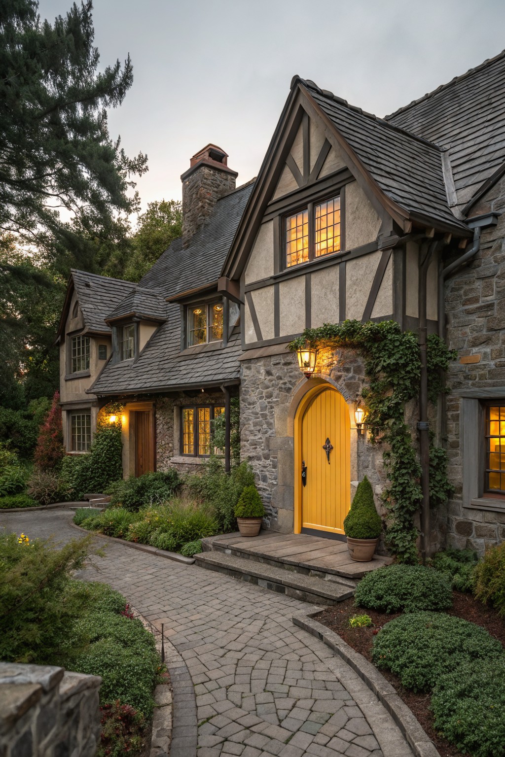 A house with warm beige stucco walls and dark timber framing.