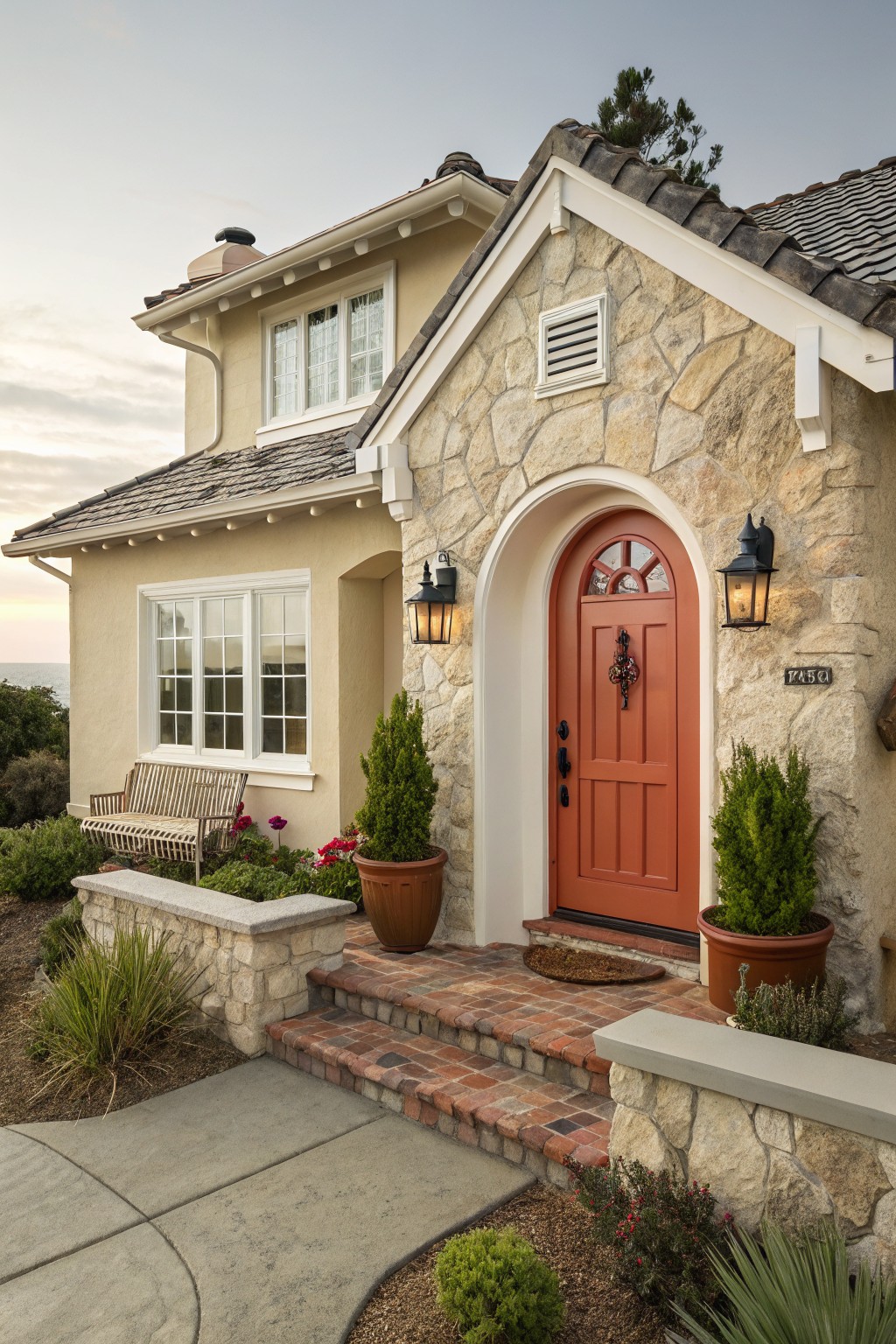 House exterior painted in a warm beige with stone accents.