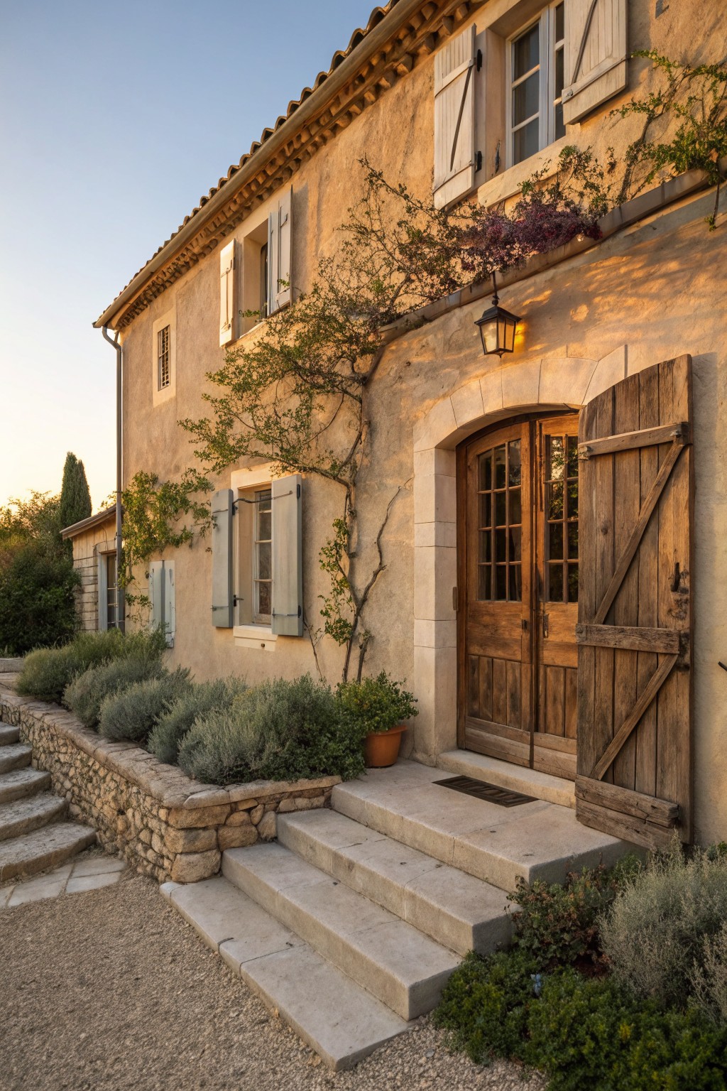 A house exterior with warm beige stucco walls and a wooden door.