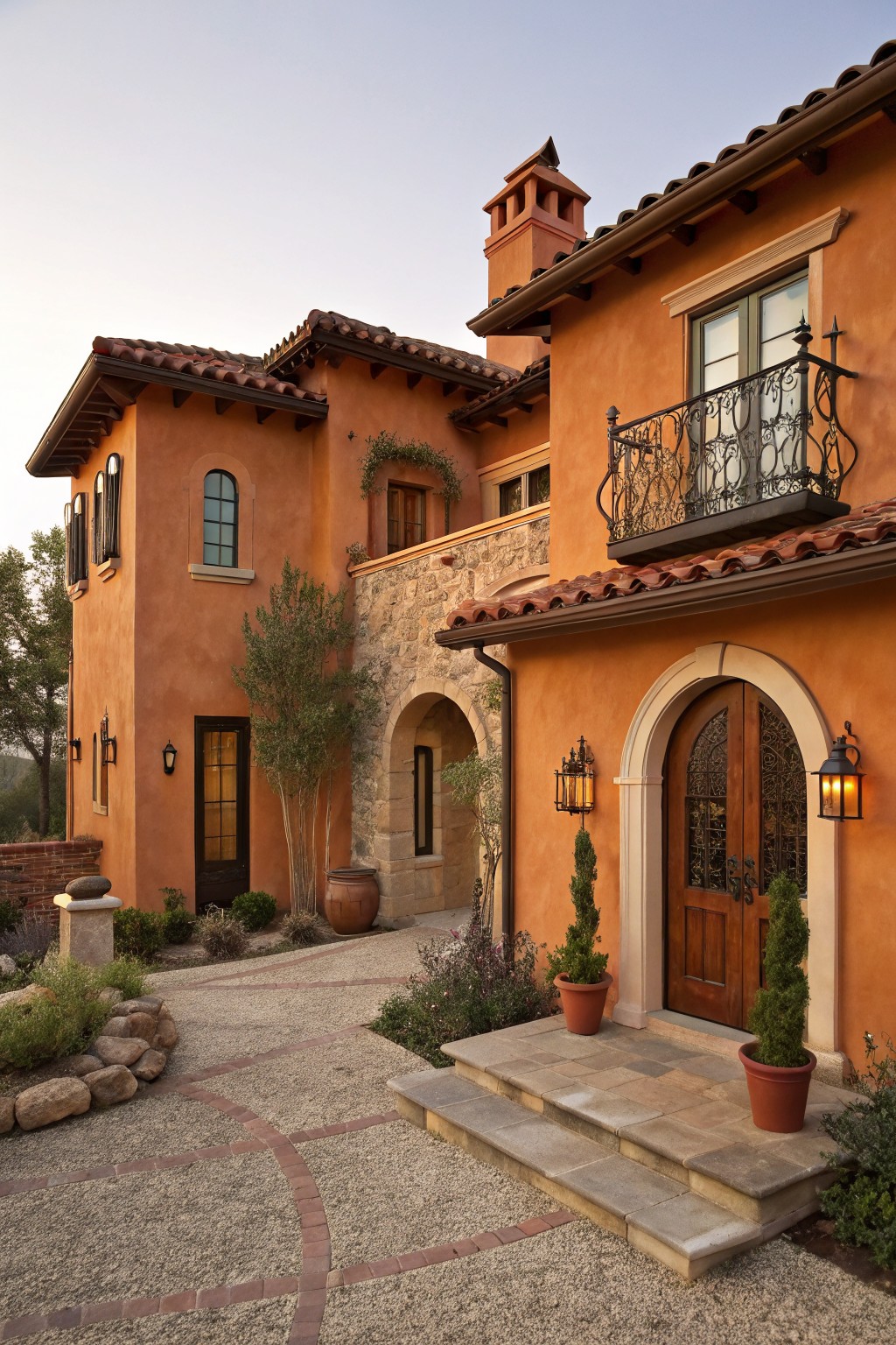 A house with warm terracotta stucco walls and stone accents.