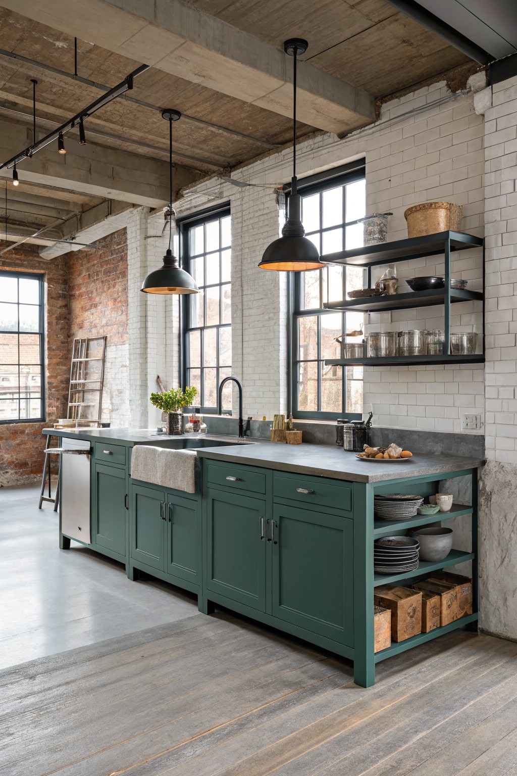 Dark green kitchen cabinets in an open industrial kitchen with concrete counters.
