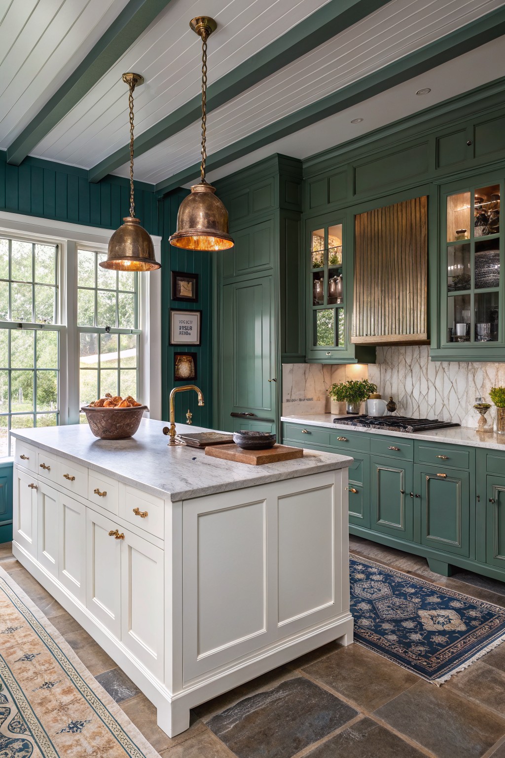 Deep green cabinets cover the walls of a kitchen with a white island and marble backsplash.