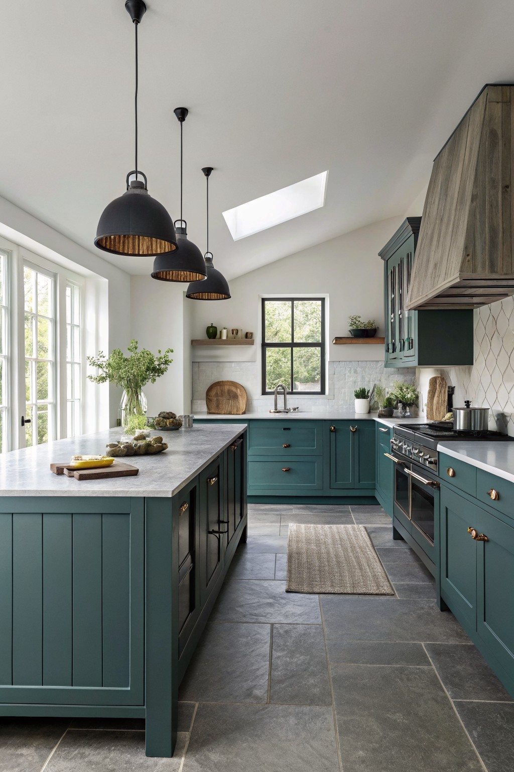Deep teal green cabinets in a bright kitchen with gray counters and black pendant lights.