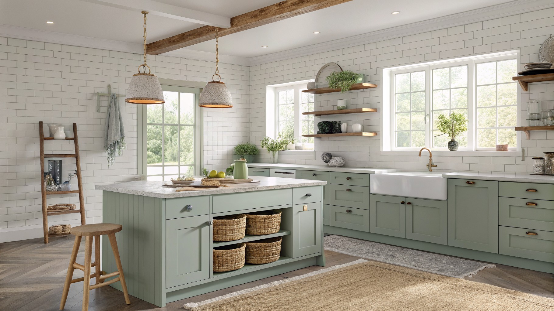 Sage green kitchen cabinets and island with white countertops.