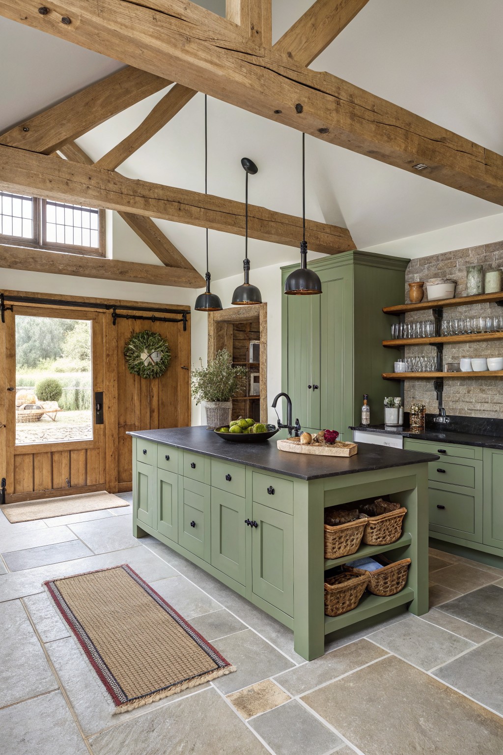 Sage green kitchen cabinets and island in a bright space with exposed wood beams.