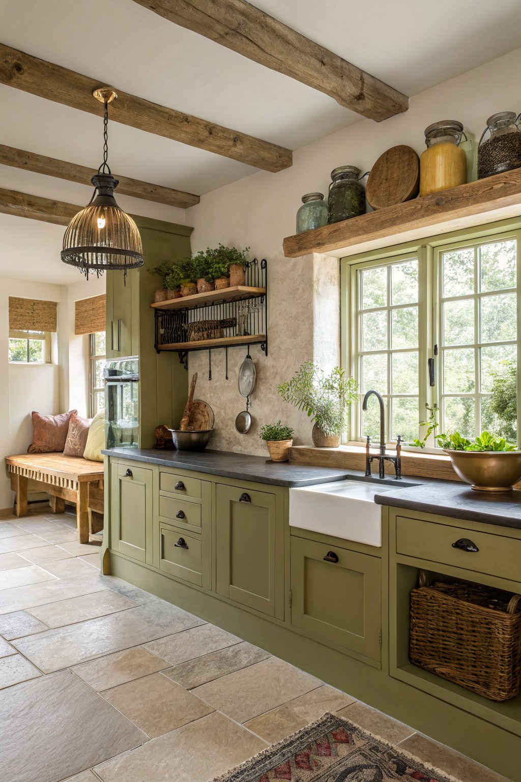 Sage green cabinets in a kitchen with wood beams and dark countertops.