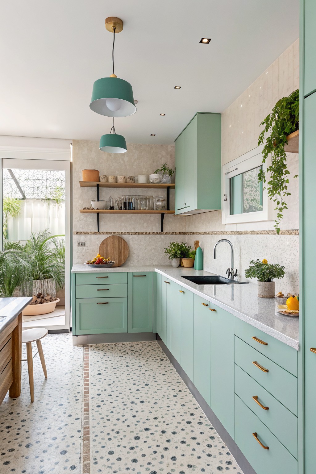 Kitchen cabinets painted in a soft mint green with white countertops and open shelving.
