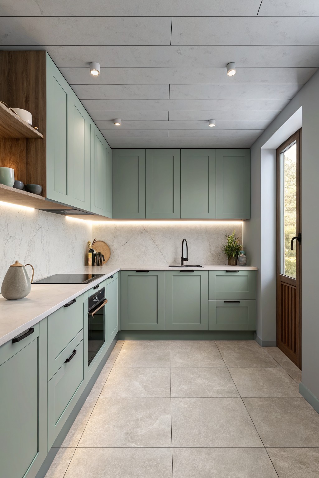 Kitchen cabinets painted in a soft sage green with white countertops and wood open shelving.