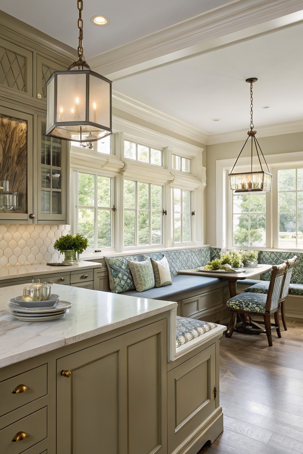 Sage green kitchen cabinets with white trim and marble countertops.