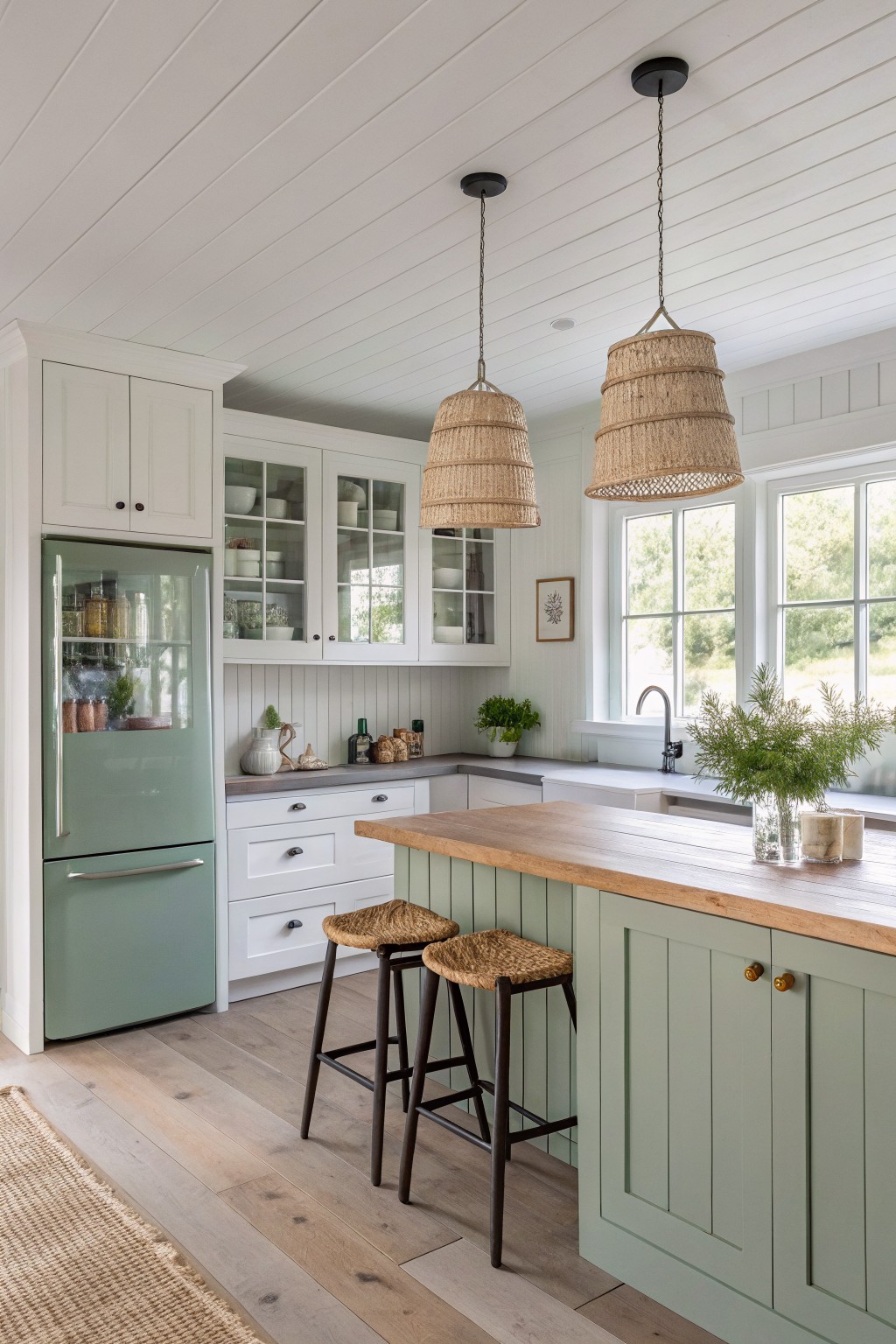 Modern kitchen with sage green island, white cabinets, and woven pendant lights.