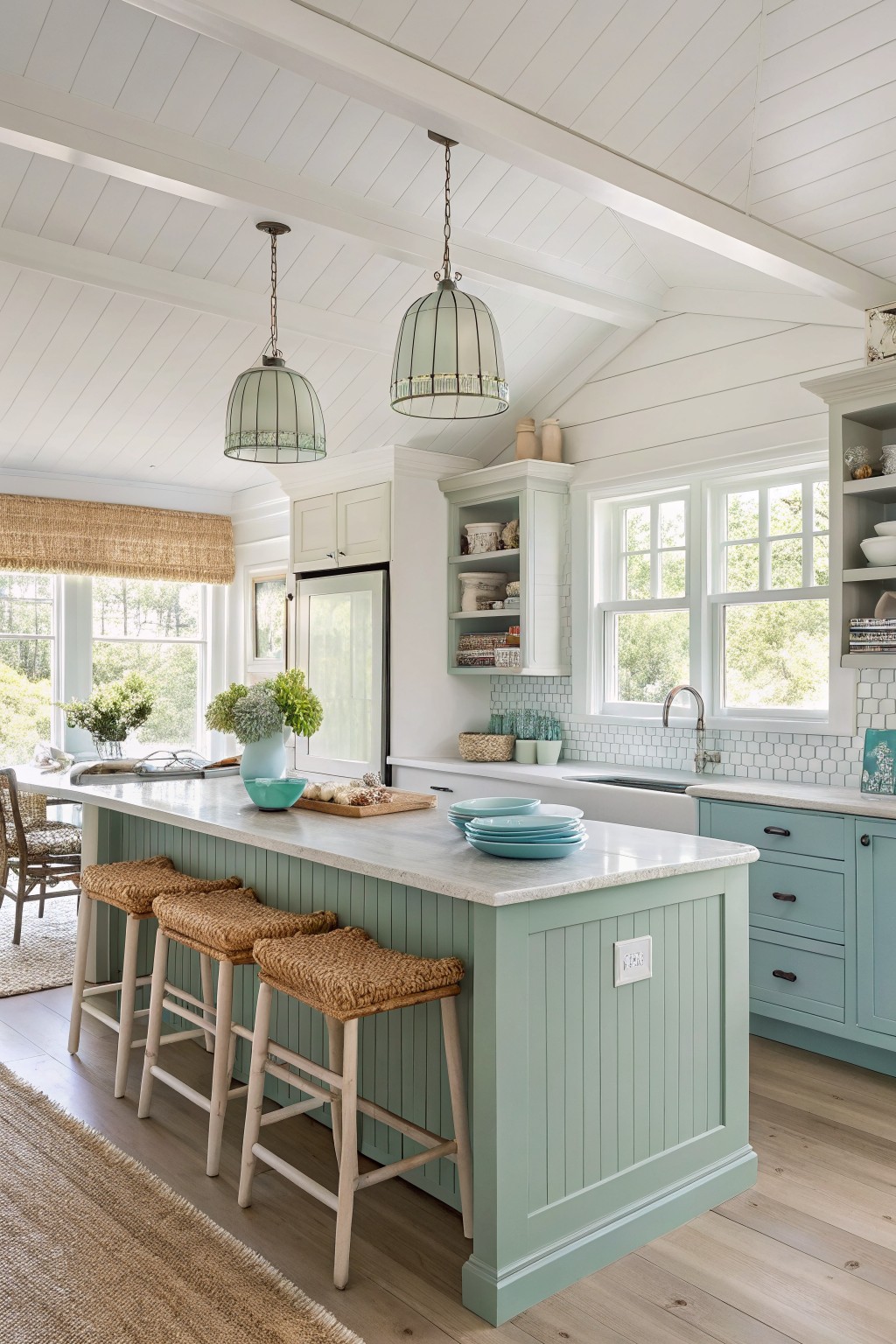 Bright kitchen with seafoam island, woven stools, white counters, and pendant lights.