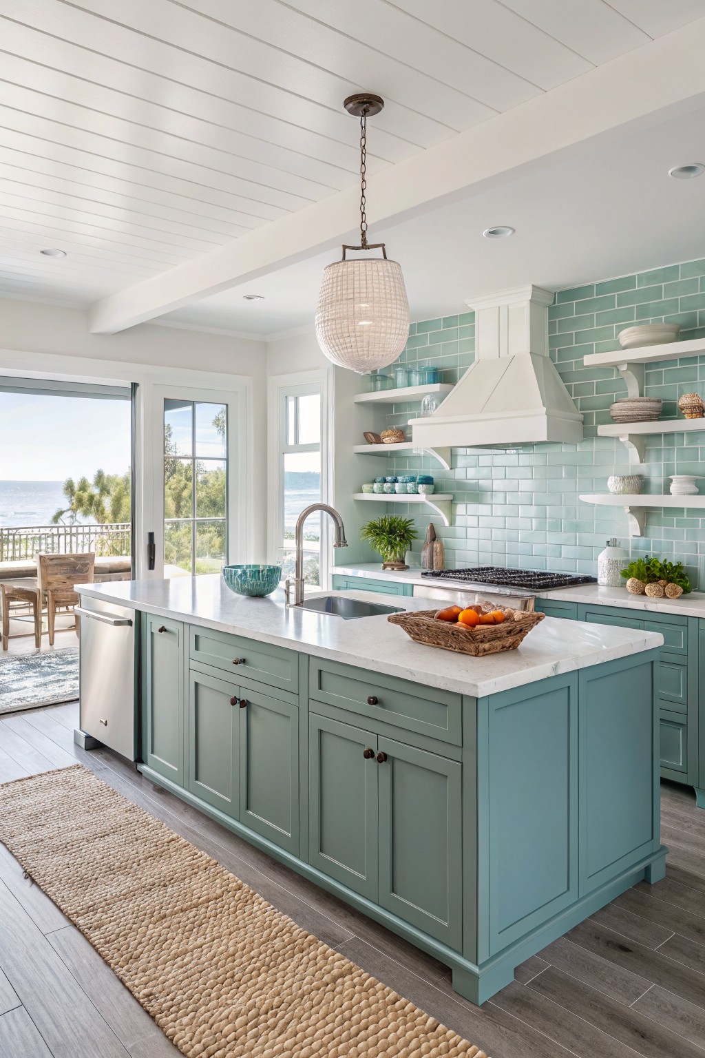 Kitchen cabinets and island painted in a soft teal green color.