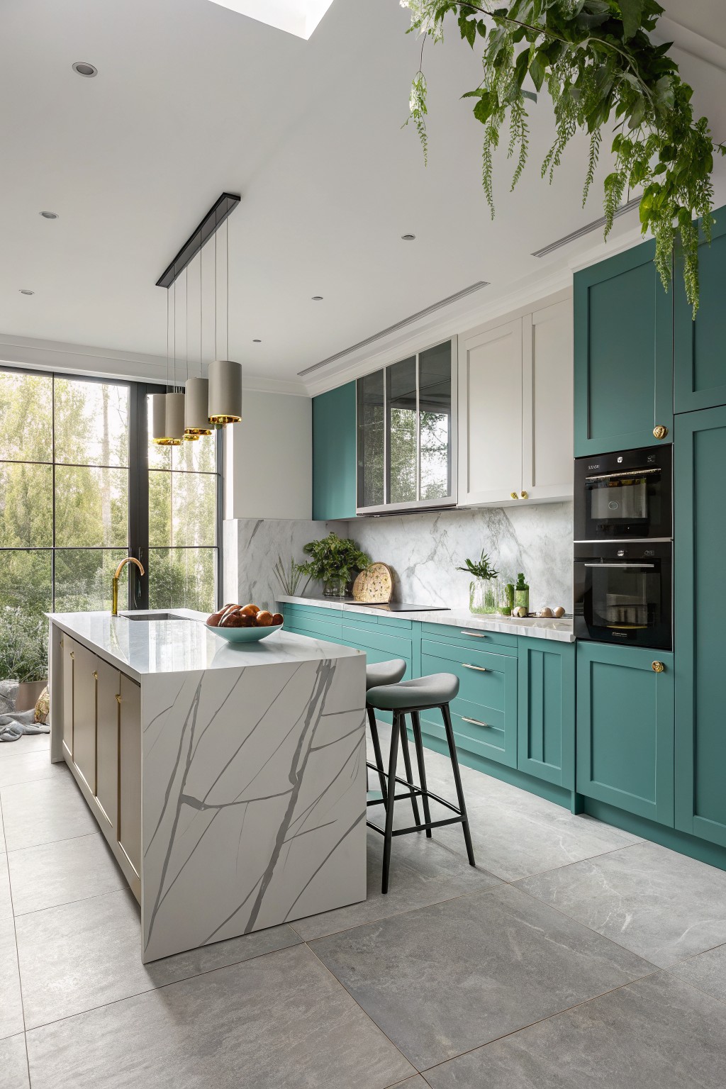 Modern kitchen with teal cabinets, marble island, pendant lights, and bar stools.