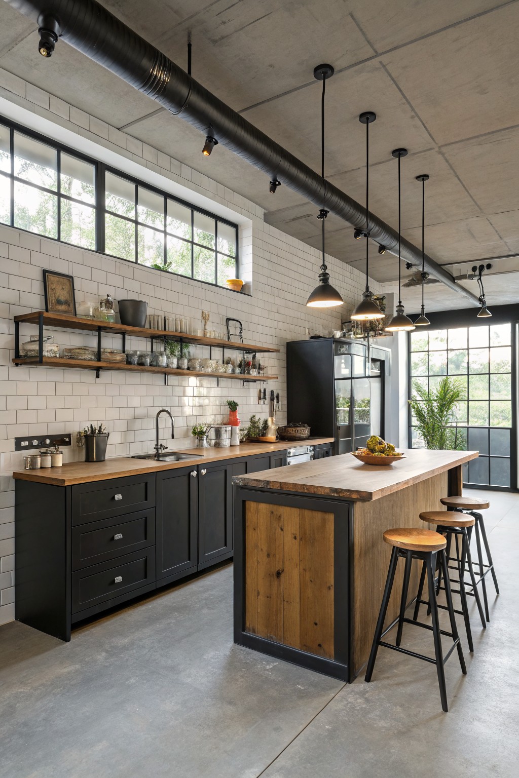 Industrial kitchen with black cabinets, wooden island, bar stools, and pendant lights