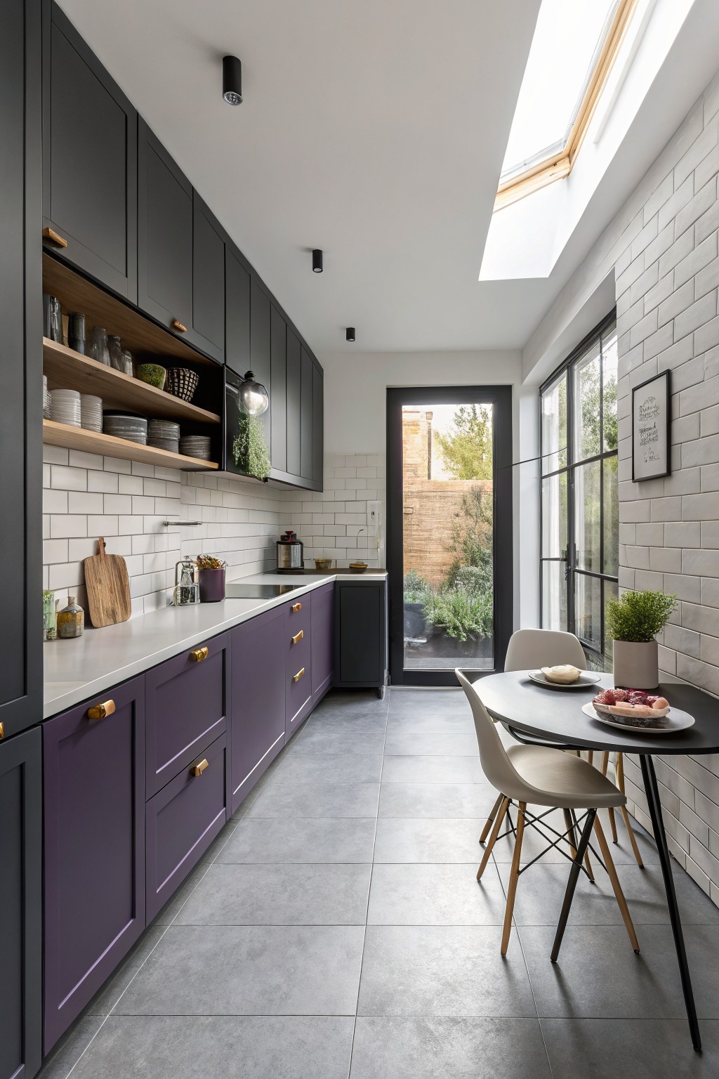 Kitchen with deep purple lower cabinets against white tile and gray flooring.