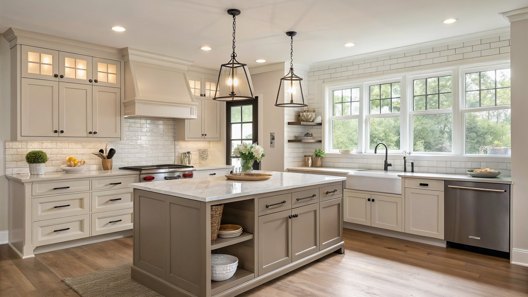 Kitchen island with soft greige cabinets, white countertop, and wood flooring.