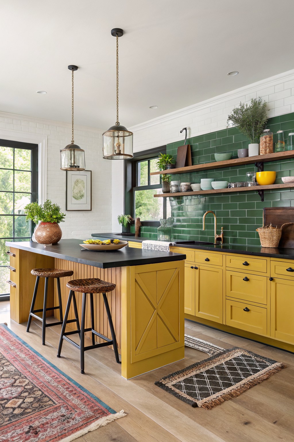 Mustard yellow kitchen cabinets with dark green tile backsplash and wood island.
