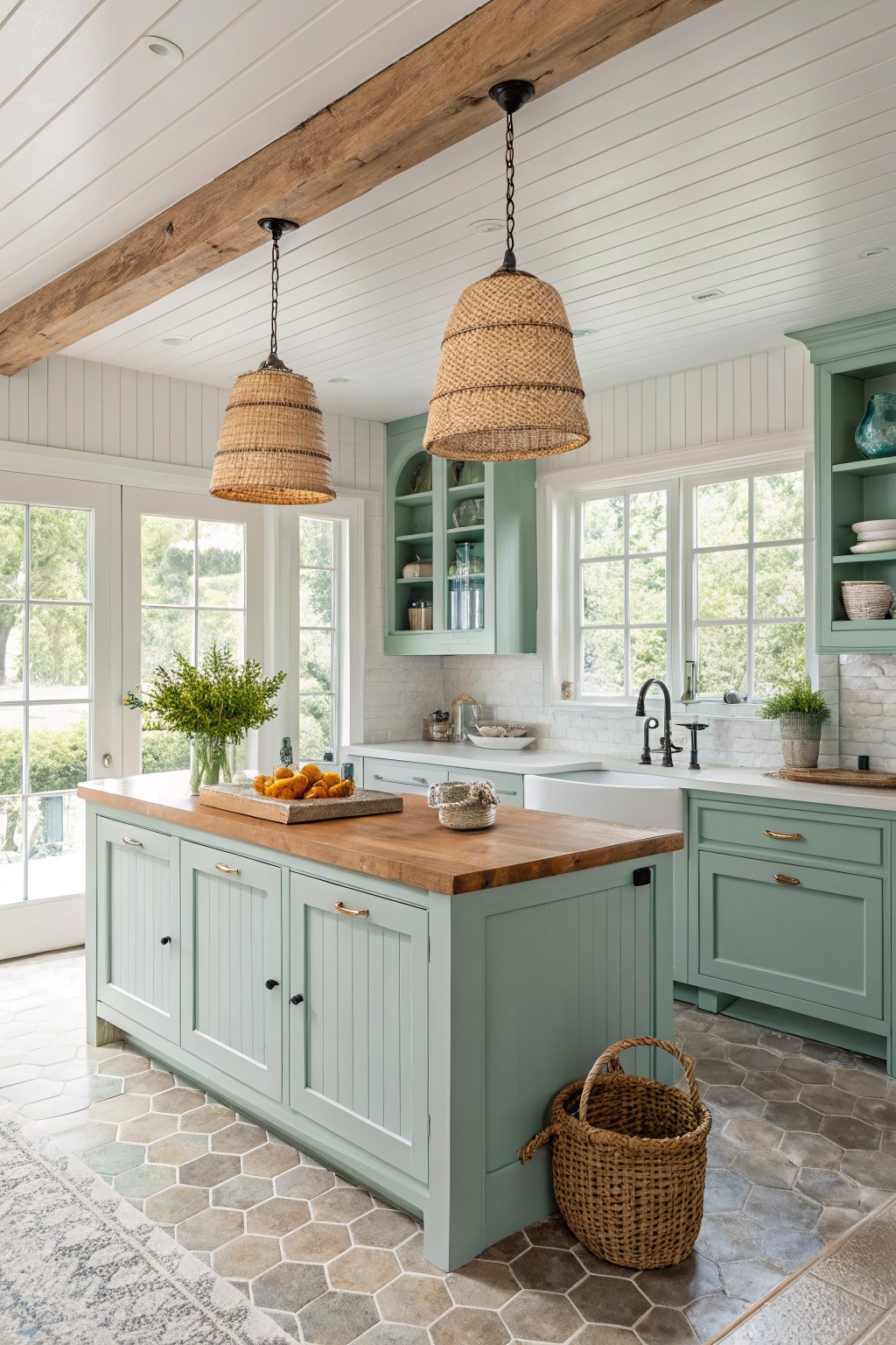 Sage green kitchen island with wood top, woven pendants, and large windows