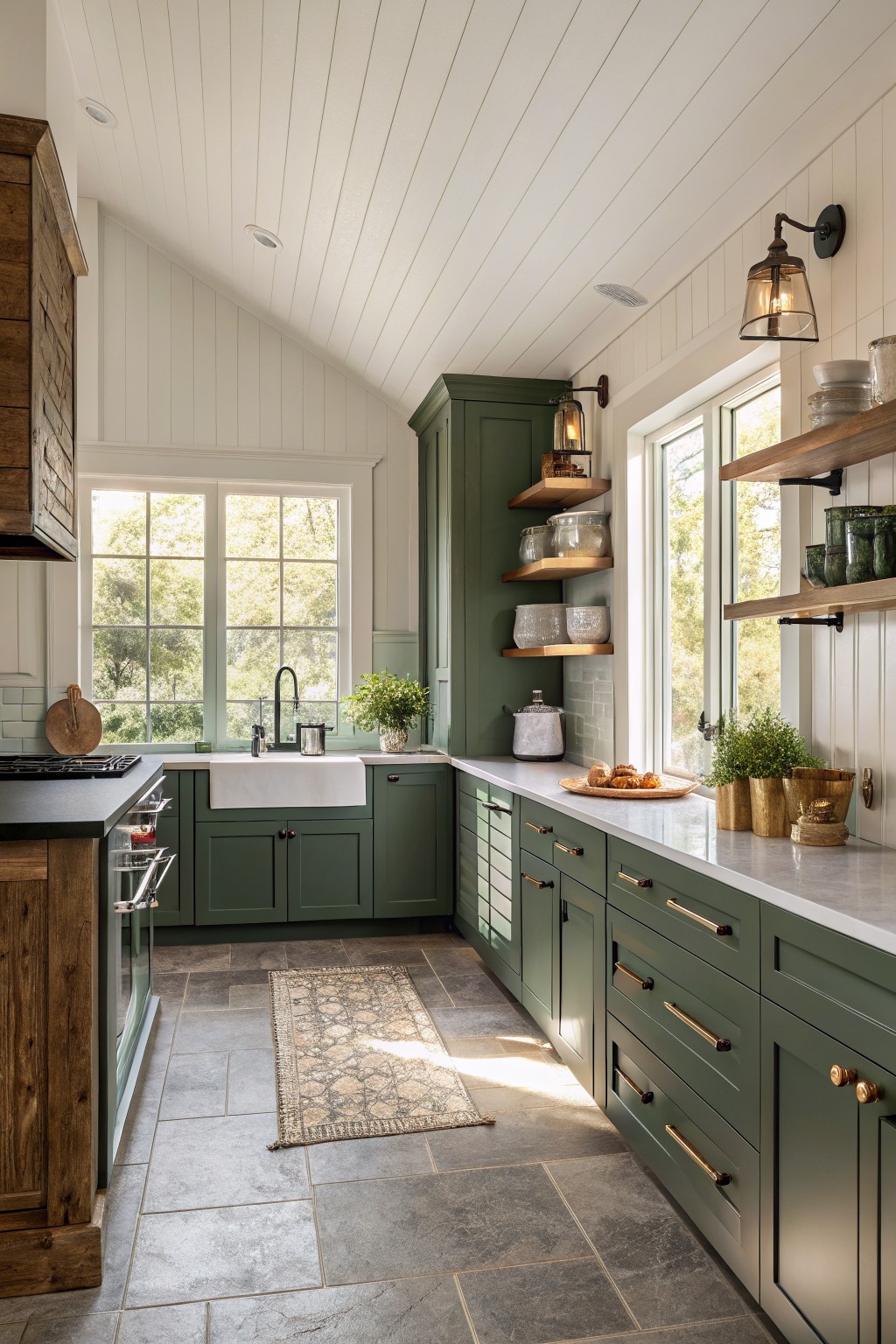 Green kitchen cabinets with white countertops and open shelving.