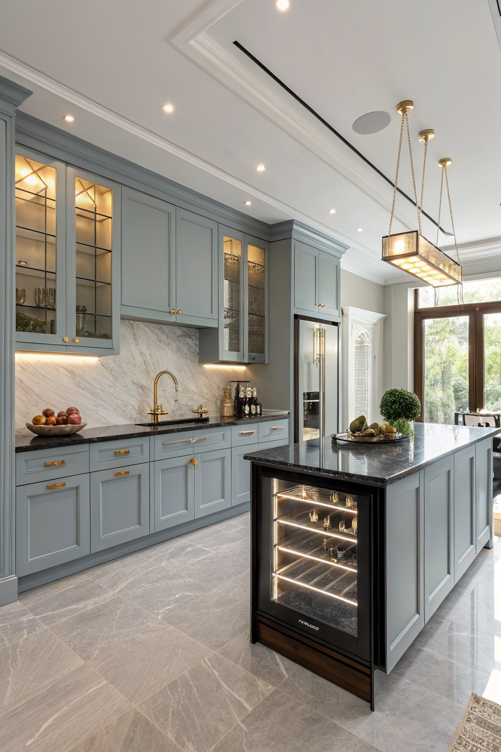 Kitchen with soft blue gray cabinets and a dark stone island.