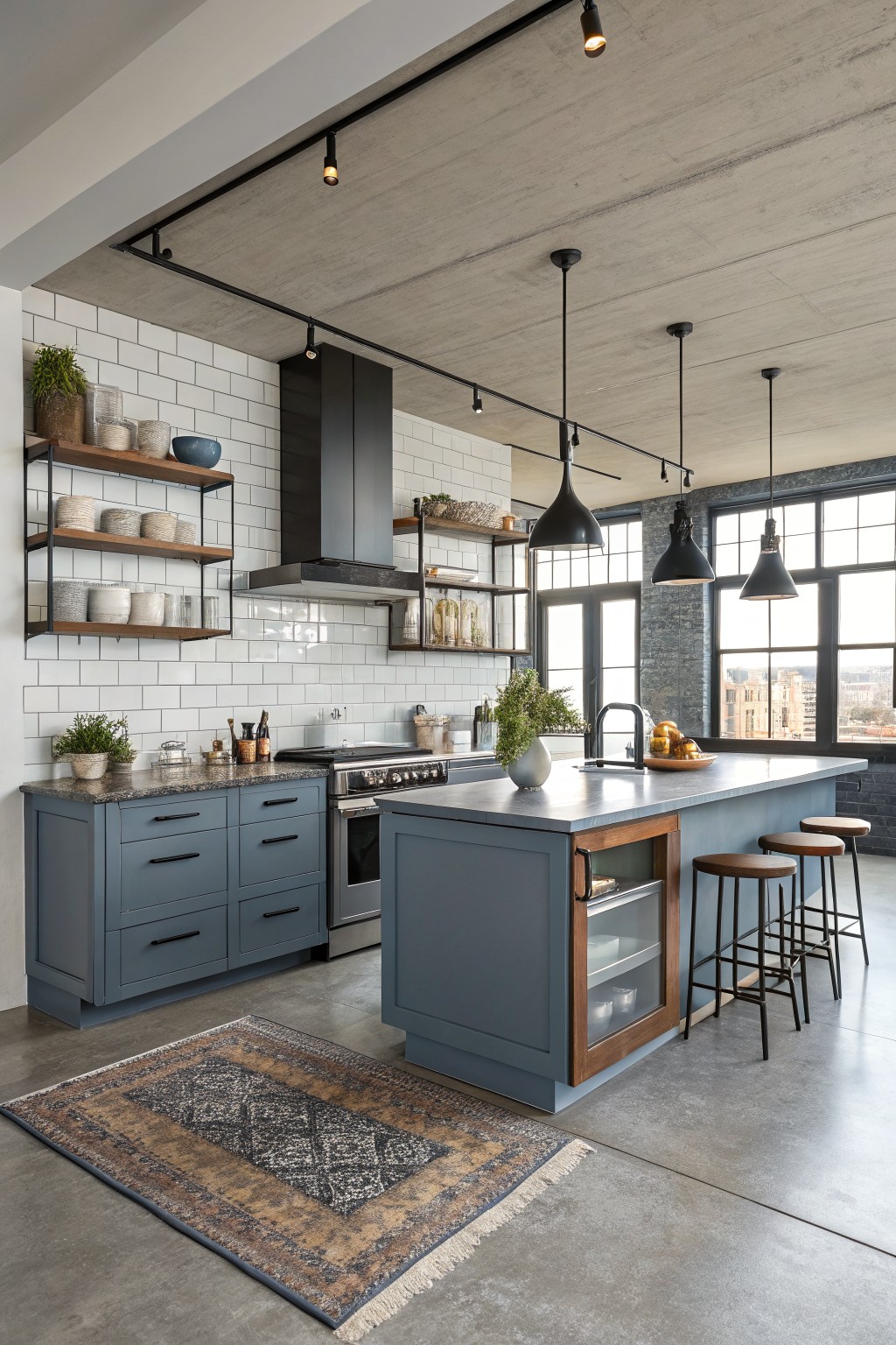 Blue gray painted cabinets in a spacious kitchen with an island and open shelving.