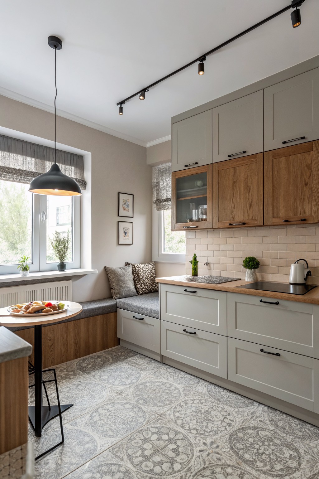 Kitchen cabinets finished in a soft greige next to wood tones.