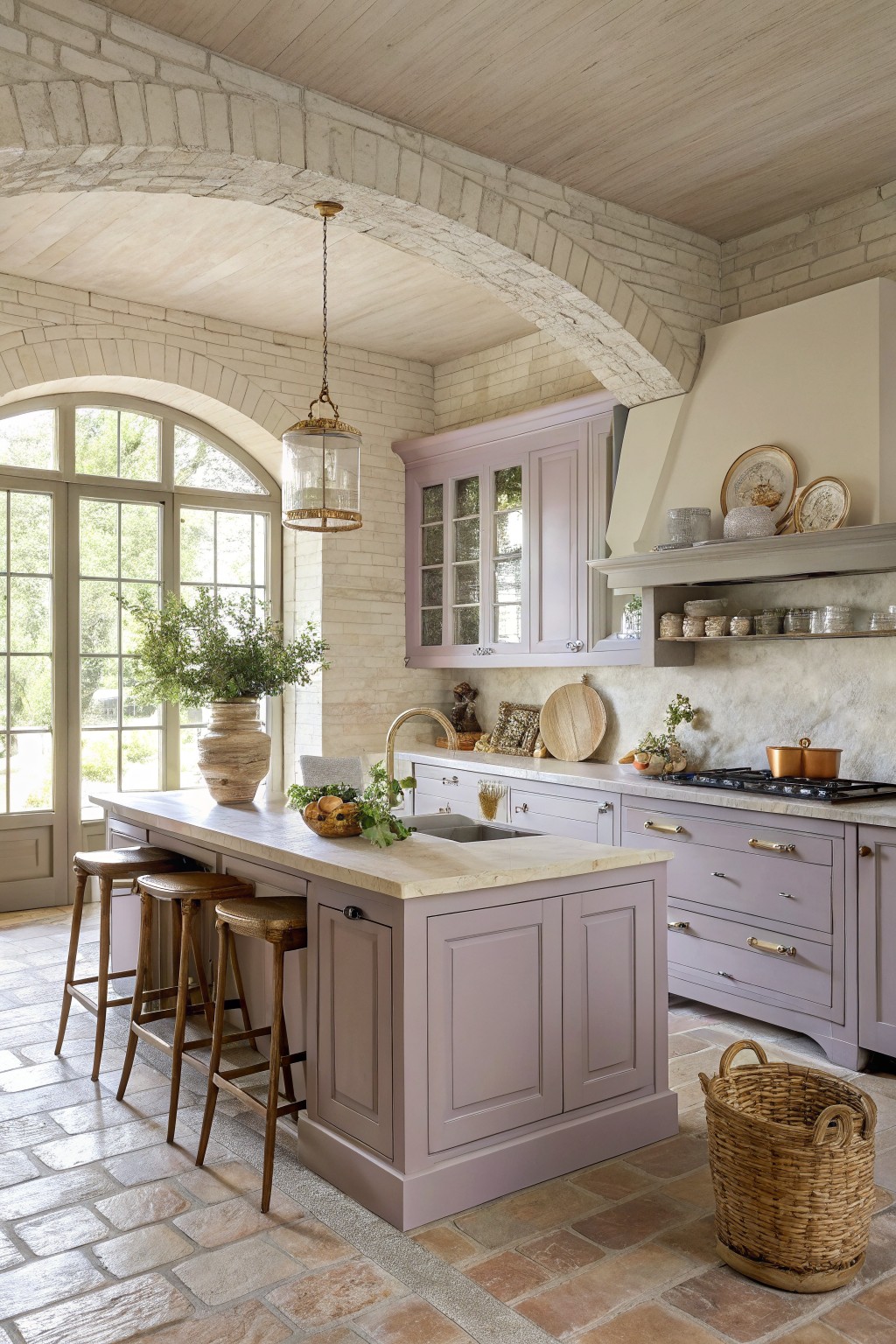 Pale lavender gray kitchen cabinets with a marble island and arched windows.
