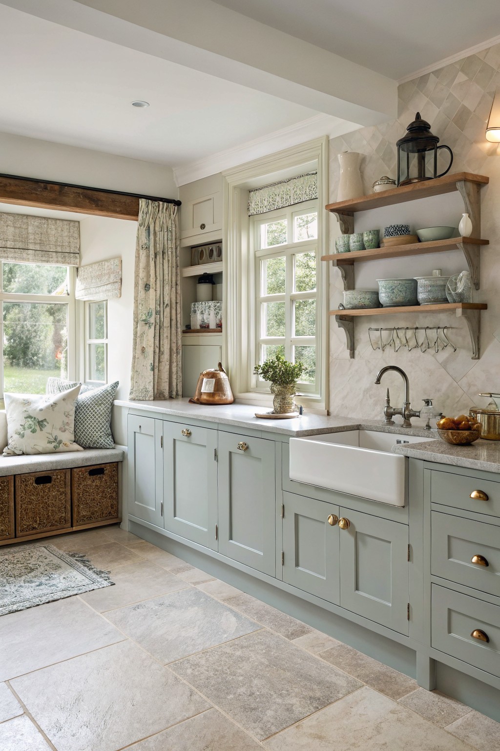 Light sage green kitchen cabinets with a white farmhouse sink and wood open shelves.