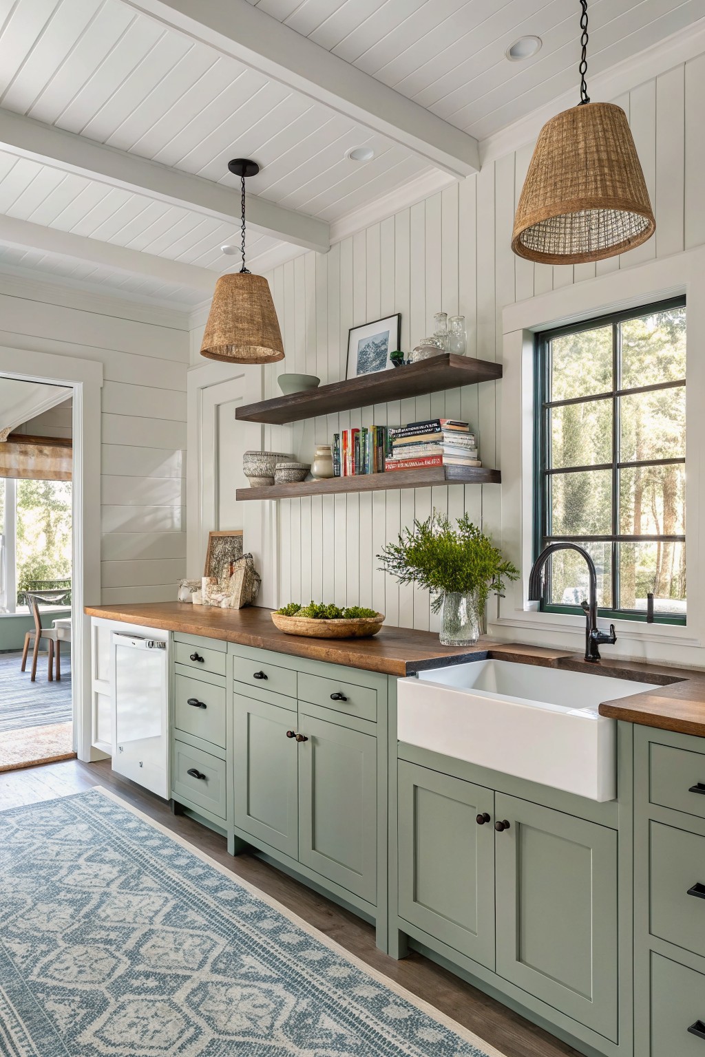 Kitchen cabinets painted in a soft sage green with wood countertops and a white sink.