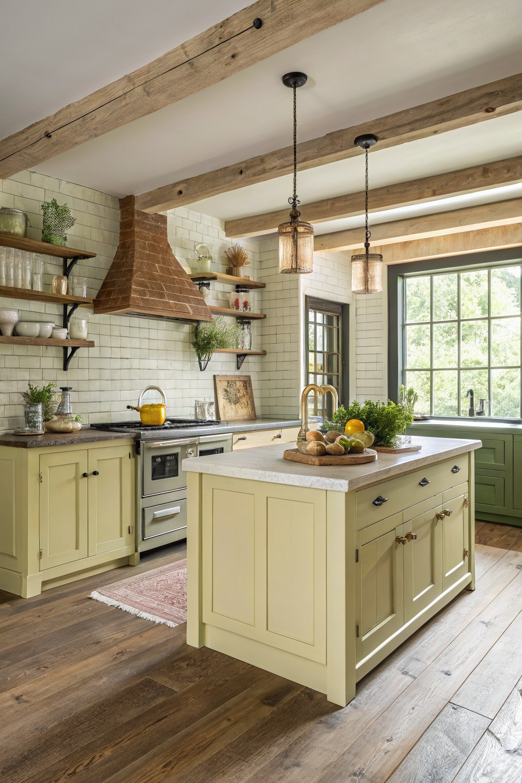 Pale sage green kitchen cabinets with white stone counters and wood beams above.