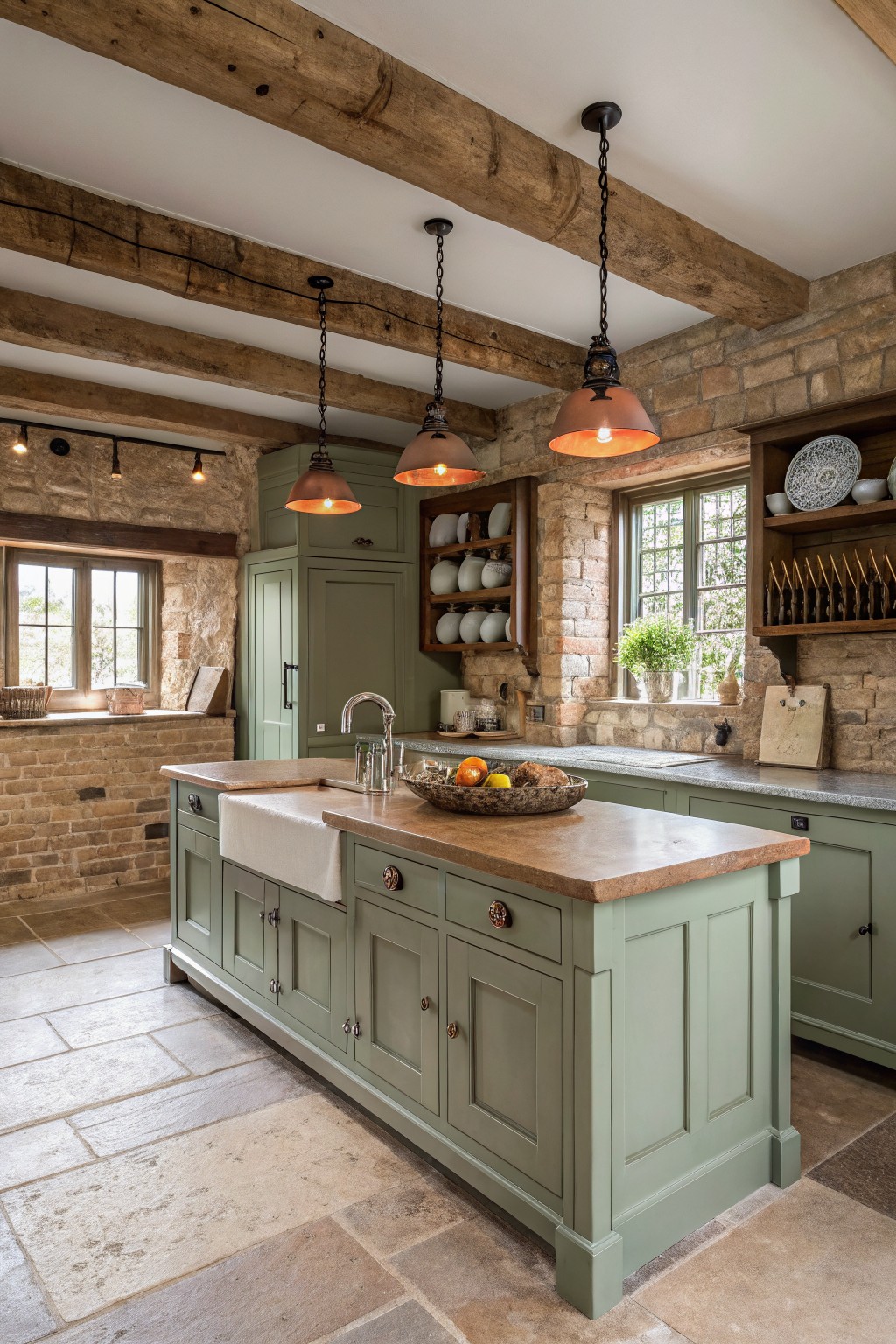 Kitchen with sage green cabinets and a central island in a stone-walled room.