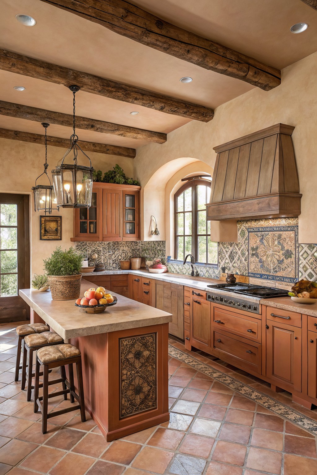 Rustic kitchen with wooden island, terracotta tiles, arched window, and beamed ceiling