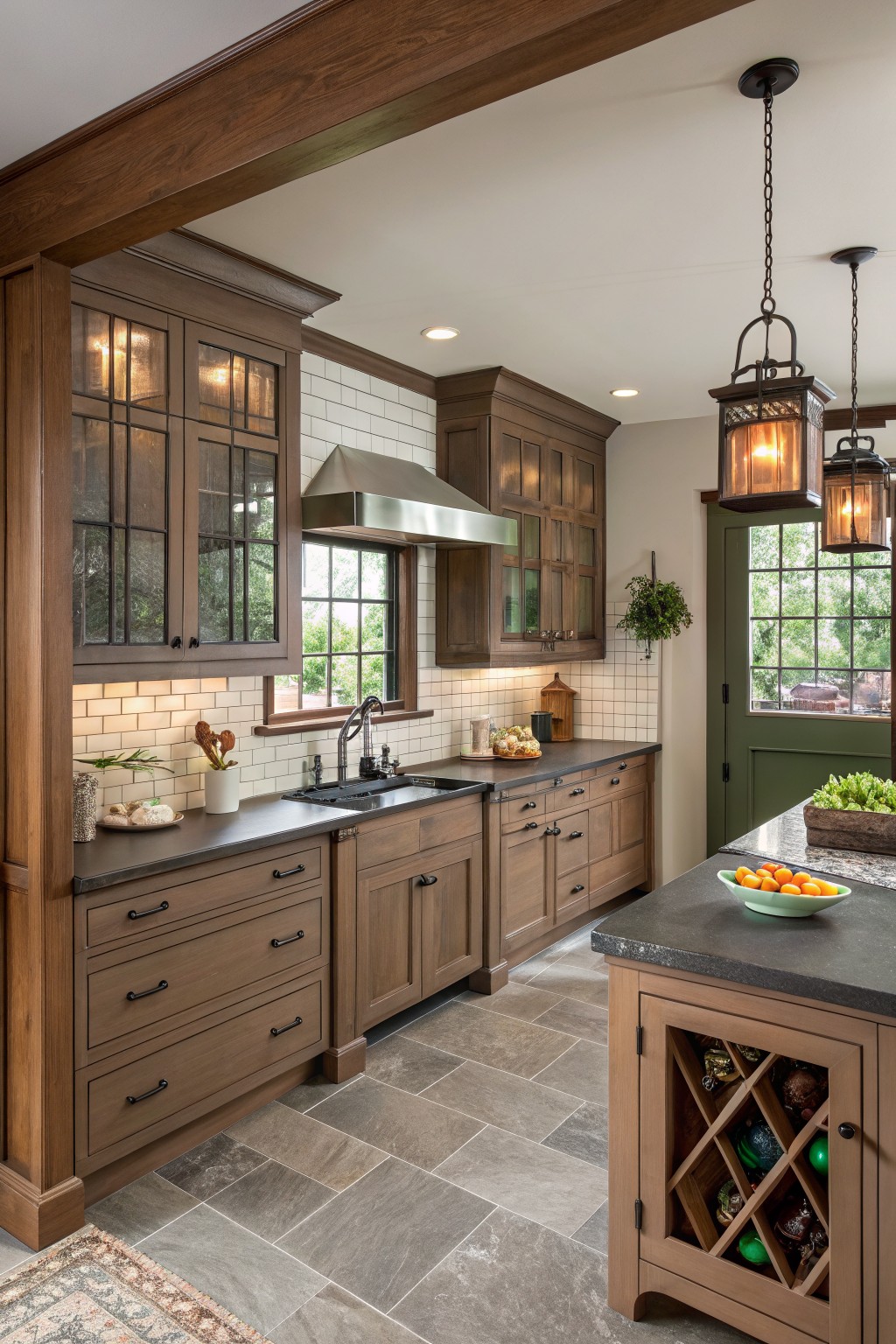 Dark brown kitchen cabinets with black hardware and white tile backsplash.