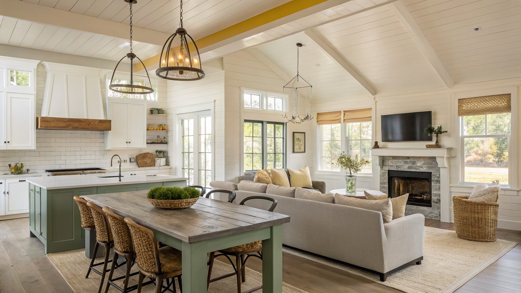 Sage green cabinetry in an open kitchen and living area with white walls and wood floors.