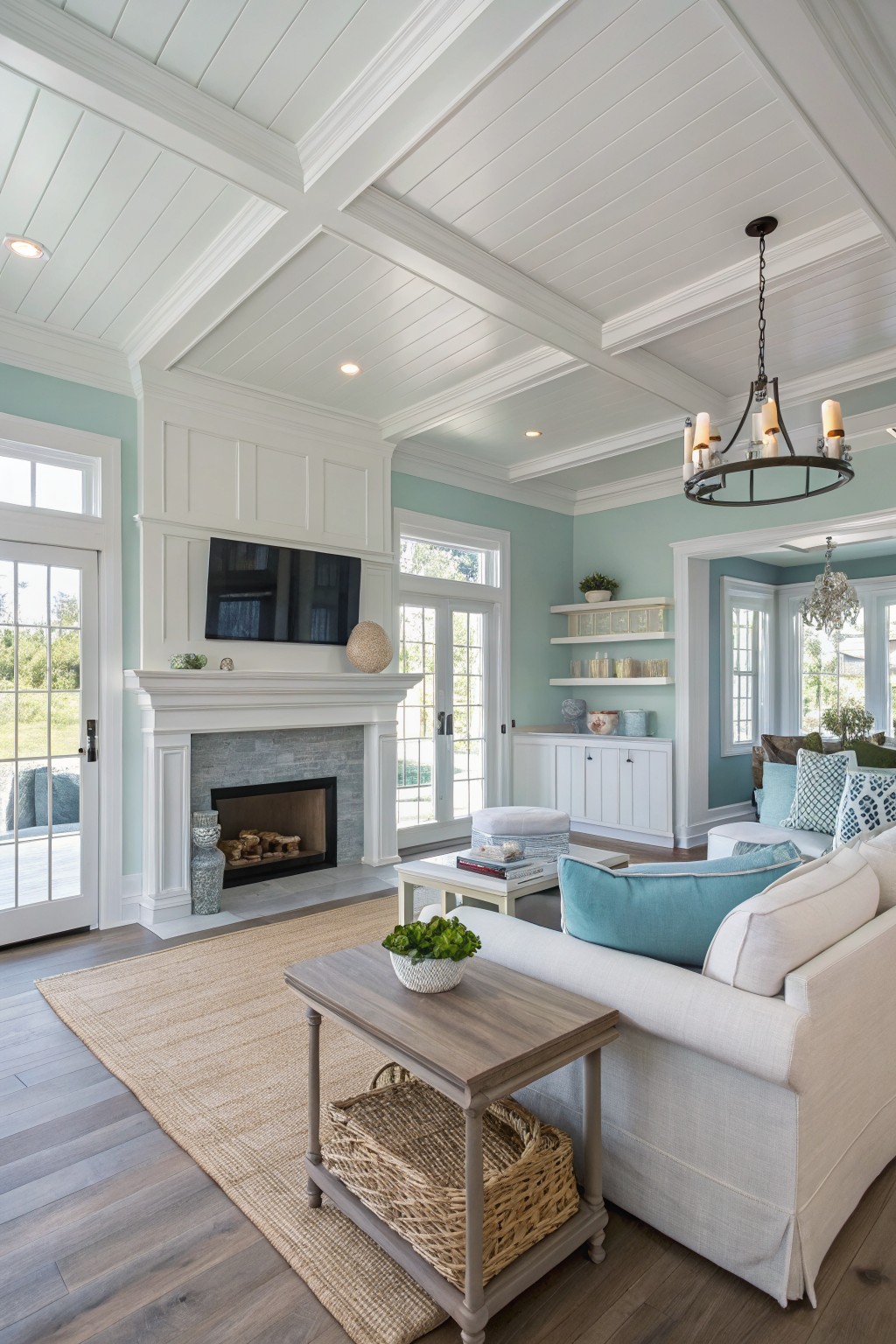 A living room with soft aqua green walls, white trim, and a fireplace.