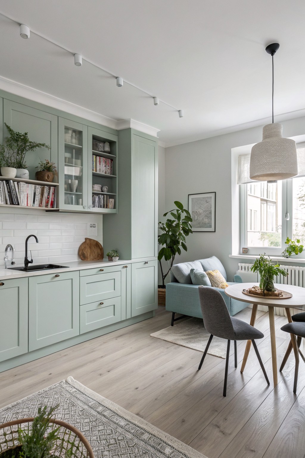 Sage green kitchen with dining table, blue sofa, plants, and wood floors.