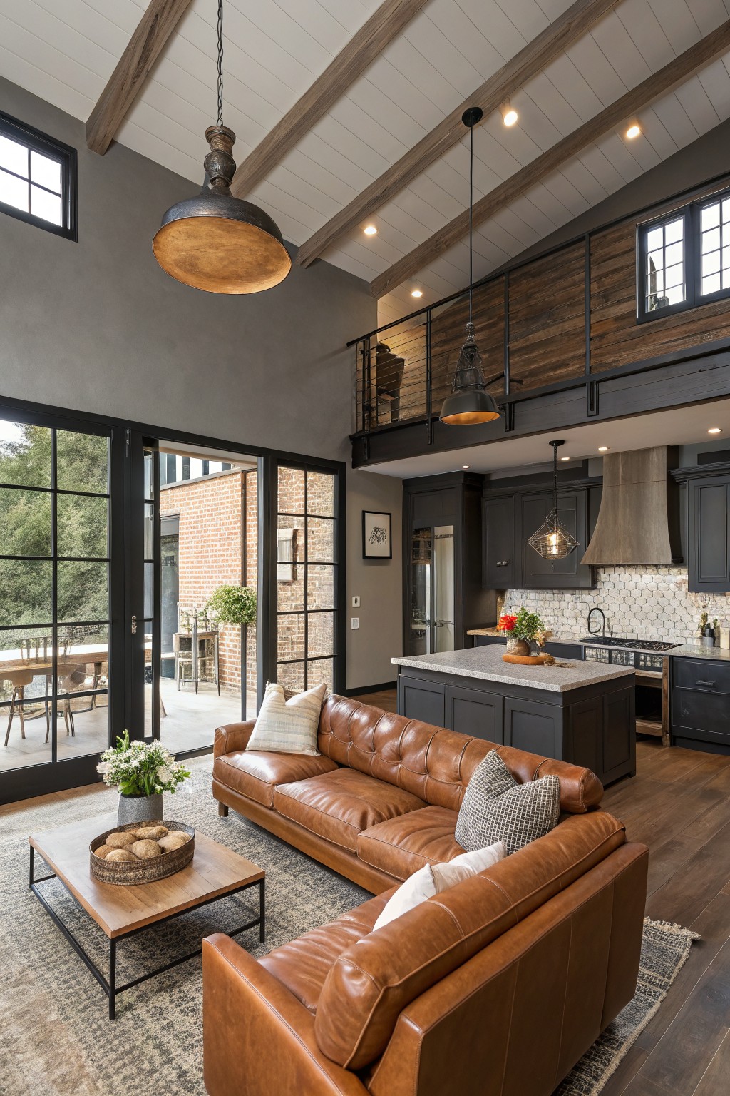 Warm gray walls in an open living space with wood ceiling beams.