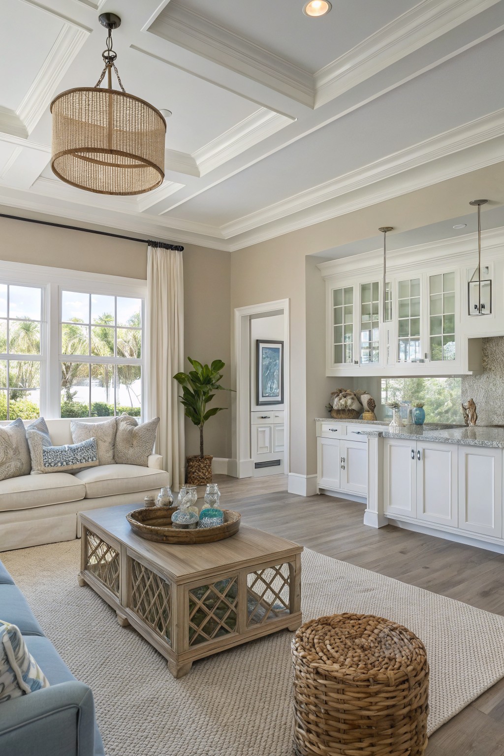 Open living room and kitchen with warm greige walls and white cabinetry.