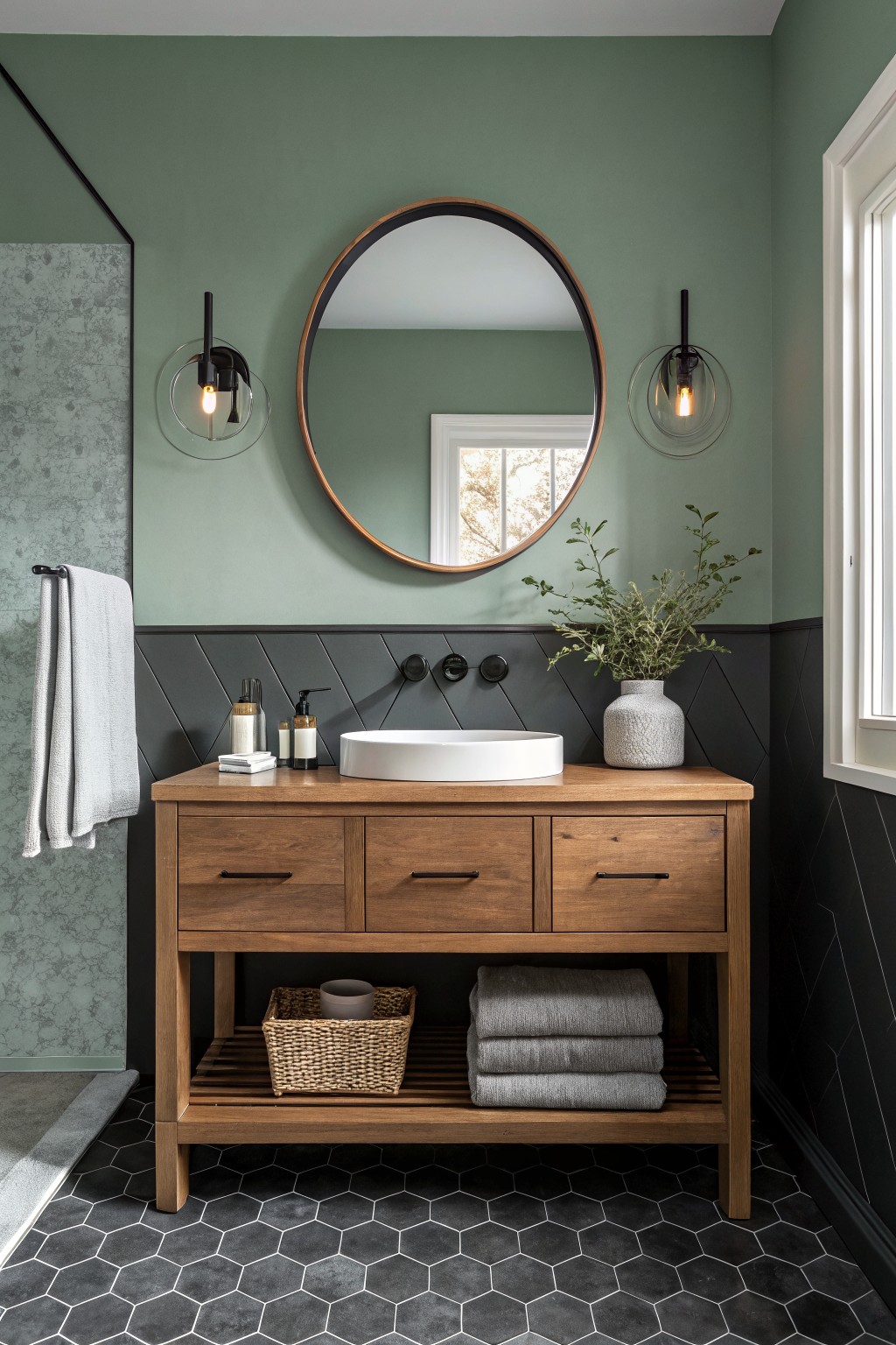 A bathroom featuring sage green walls above dark wainscoting with a wooden vanity below.
