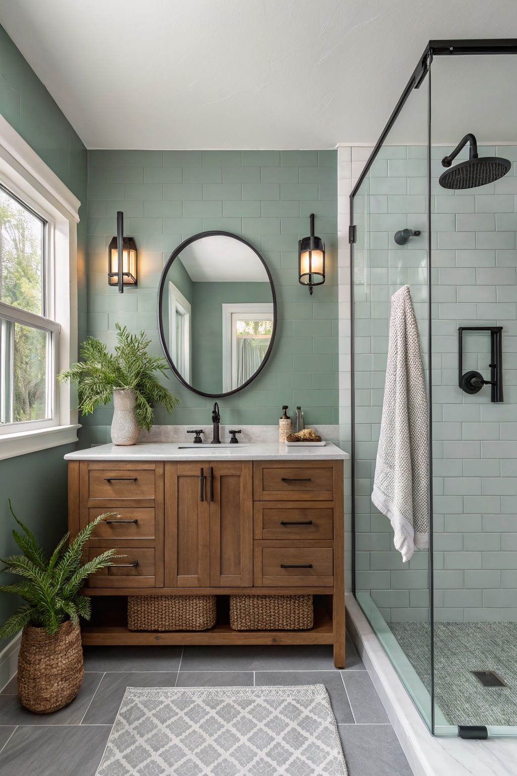 Bathroom walls painted in a soft sage green with a wood vanity below an oval mirror.