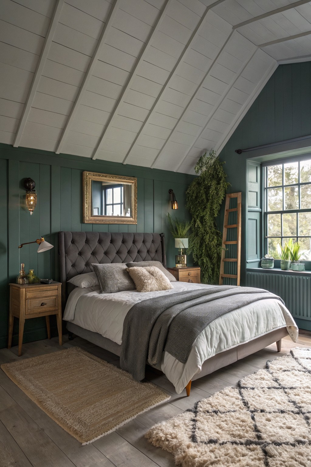 Sage green painted walls in a bedroom with wood furniture and neutral bedding.
