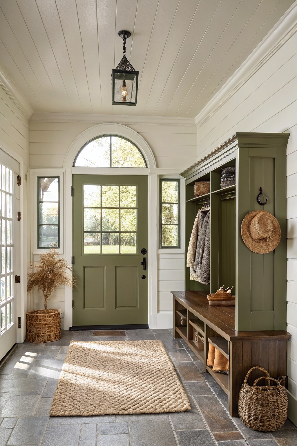 A mudroom built-in and door painted in muted sage green.