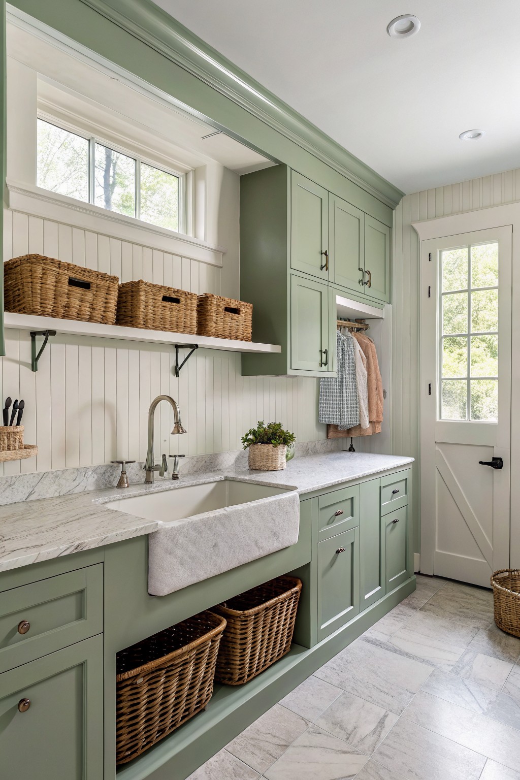 Sage green cabinets fill a laundry room with white marble counters and open shelving.
